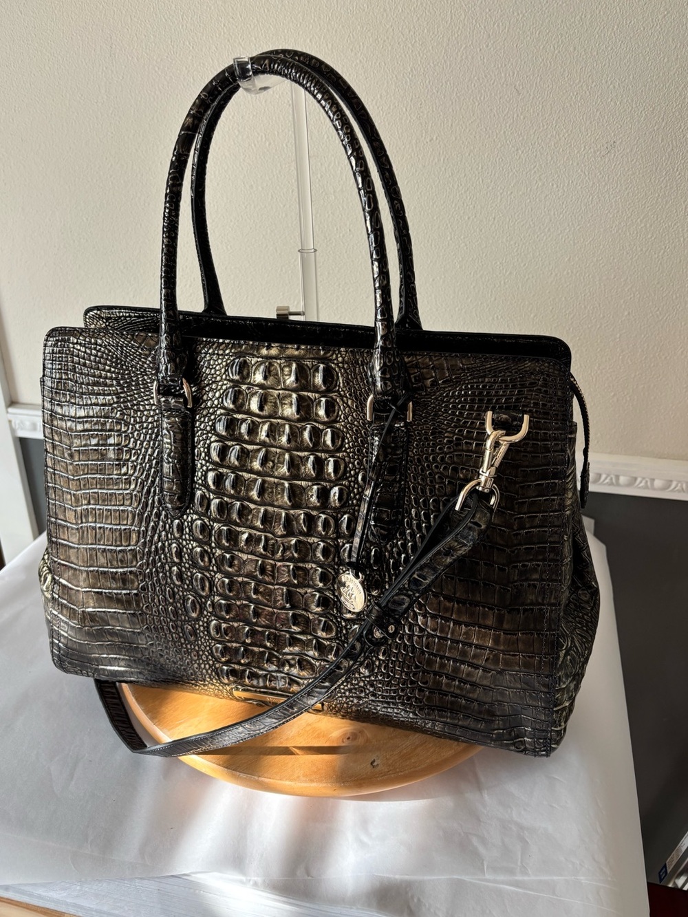 NEW Brahmin Finley Bronze Croc-Embossed Leather Satchel with Gold Hardware